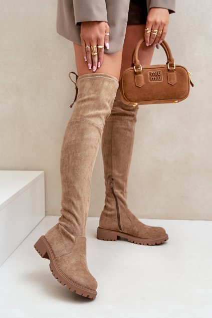 Dámske čižmy béžové kód obuvi LQ-39 KHAKI (Veľkosť 37)