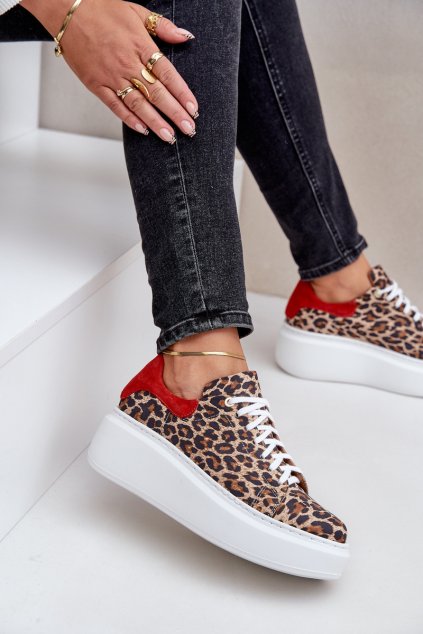 Kožené sneakerky na platforme s leopardím vzorem zazoo 3346 hnedo-červené / 3346 PANTERA/CZER (Veľkosť 37)