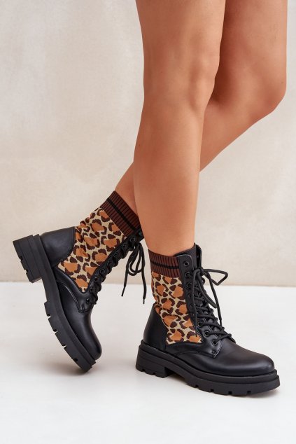 Čierne dámske členkové topánky s leopardím vzorom na rovnej podrážke, kód produktu LQ-3 BLACK