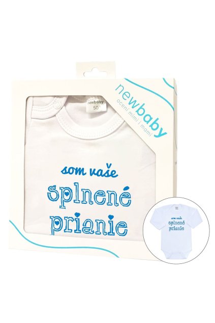 Modré detské bavlnené body s nápisom "Som vaše splnené prianie" New Baby, darčekové balenie, kód produktu 50678
