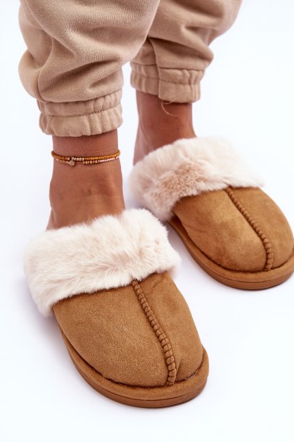 Dámske papuče s kožušinou camel pinky / BO-609/BG182 CAMEL (Veľkosť 36)