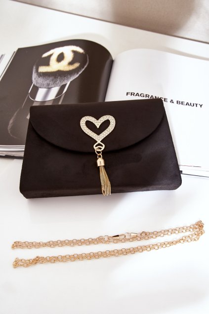 Kabelka klopna s ozdobným srdcem z eko semišuová čierne evilinas / MD5170 BLACK (Veľkosť Uni)