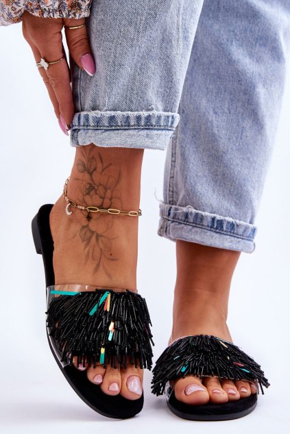 Dámske papuče s módními ozdobami s.barski kv-576-4 čierne / KV-576-4 BLACK (Veľkosť 36)