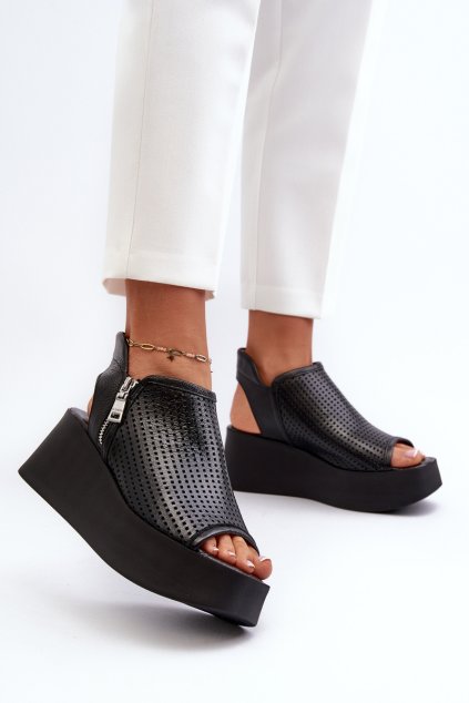 Zazoo 1792 kožené vyšívané Sandále na klinu čierne / 1792 BLACKGROCH (Veľkosť 37)