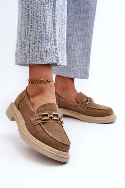 Dámske semišové mokasíny na ploché podrážce s ozdobou d&a tw101 hnedé / TW101 BROWN (Veľkosť 37)