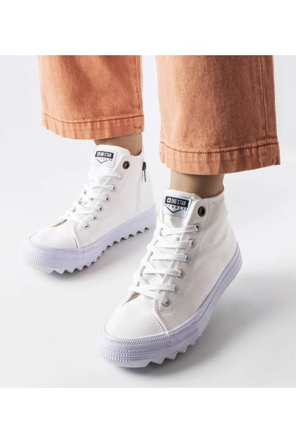 Biele dámske vysoké tenisky Big Star FF274241 s gumovou podrážkou a zapínaním na zips, kód produktu White.