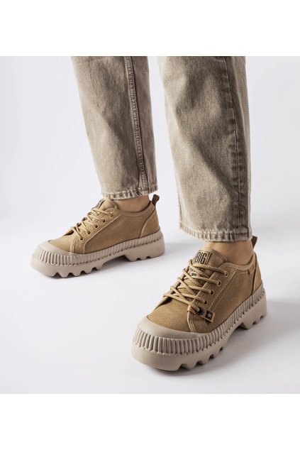 Hnedé dámske kožené tenisky BS s béžovou podrážkou na šnúrovanie, kód produktu Beige