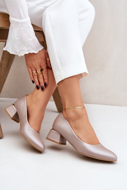 Kožené lodičky lewski 3118 tmavo béžove / 3118 LATTE LICO/PERŁA (Veľkosť 36)