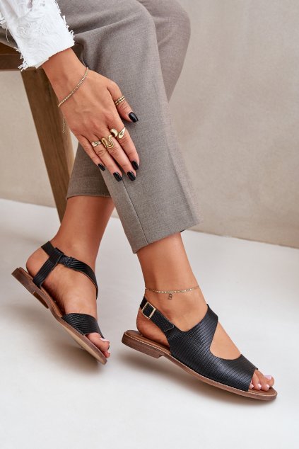 Kožené Sandále na přezku s ražbou lewski 3041 čierne / 3041 BLACKWĄŻ (Veľkosť 35)