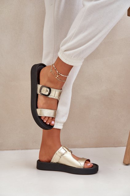 Dámske kožené papuče na platforme zazoo 3024 zlaté / 3024/007 (Veľkosť 36)