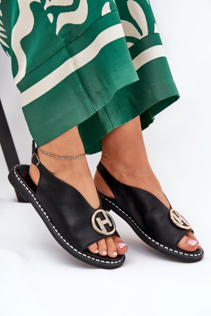 Ploché elegantní Sandále s dekorací čierne iseliria / A8229 BLACK (Veľkosť 36)