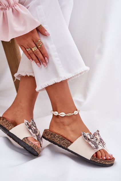 Dámske papuče s mašľou na korkové platforme béžove lisandrea / 1147 KHAKI (Veľkosť 36)