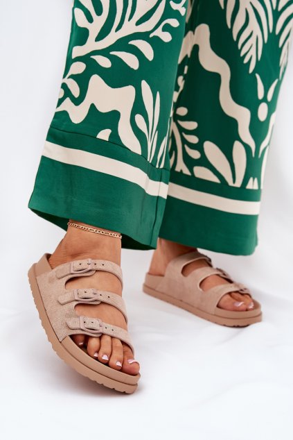 Dámske papuče s pásky a přezkami béžove uliri / 3770 KHAKI (Veľkosť 36)