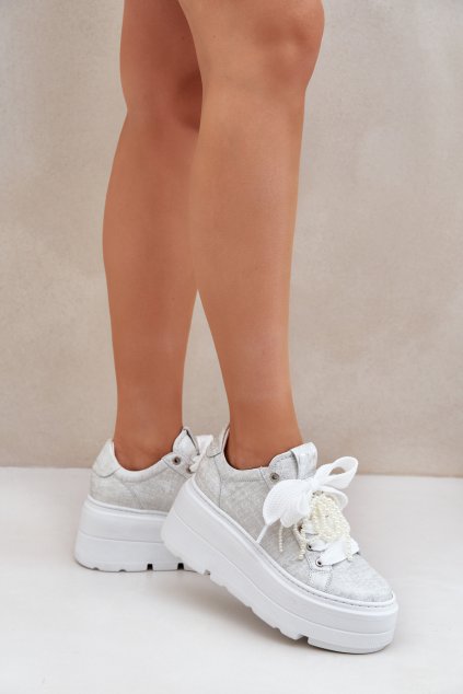 Kožené sneakersy na platforme chebello 4658 strieborné / 4658 SREBRNY (Veľkosť 36)