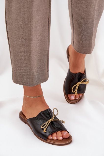 Kožené ploché elegantní papuče s mašľou lewski 3572 čierne / 3572 BLACKKRYSZTAŁ (Veľkosť 36)