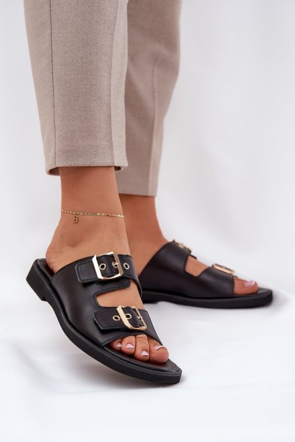 Kožené ploché papuče s prackami zazoo 3020 čierne / 3020/001 (Veľkosť 35)