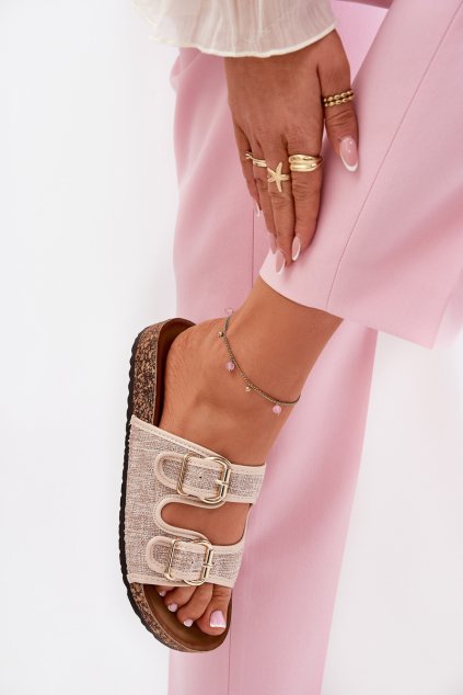 Dámske z textiluní papuče na korek platforme s prackami béžove osoffe / 666-31 BEIGE (Veľkosť 36)