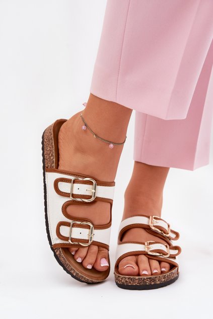 Dámske plátené papuče na korkové platforme s prackami biele osoffe / 666-31 CAMEL/WHITE (Veľkosť 36)