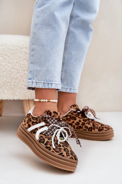Dámske tenisky na platforme s ozdobami v panterovém vzoru hnedé vinness / C3033 LEOPARD (Veľkosť 36)