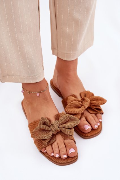 Ploché Dámske papuče s mašľou camel tobin / LX9614 CAMEL (Veľkosť 36)