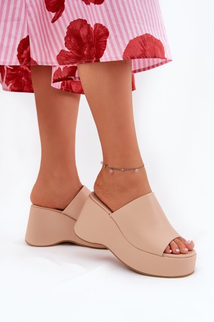 Ekokožené dámské sandály na platformě a klínu béžové Kisoffi (Veľkosť 39)