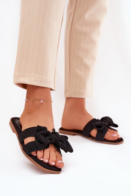 Ploché Dámske papuče s mašľou čierne tobin / LX9614 BLACK (Veľkosť 36)