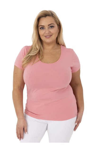 Broskyňové dámske plus size tričko z bavlny a elastanu, RV-TS-A556.03
