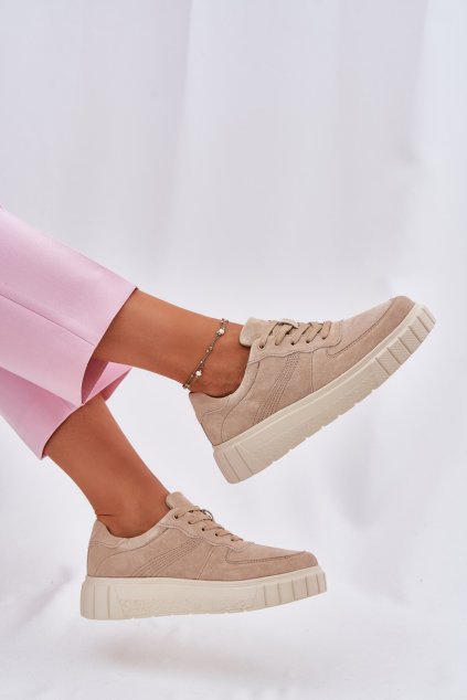Béžové dámske semišové tenisky na platforme s rovnou podrážkou, kód produktu 25SP18-8191 BEIGE
