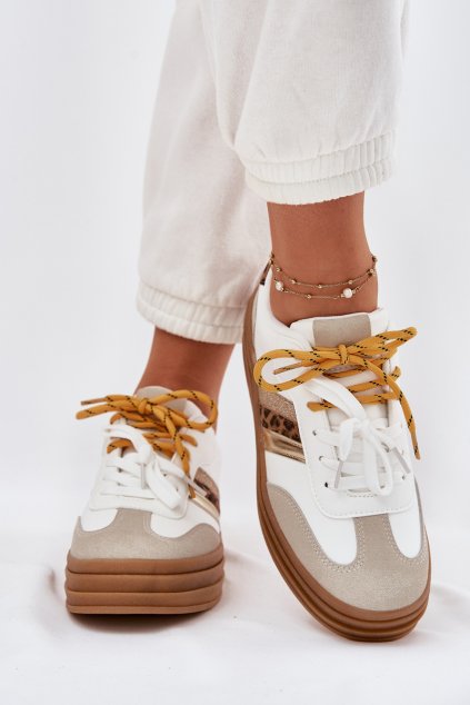 Biele dámske sneakersy s leopardím vzorom na hrubej podrážke, s dvojitým šnúrovaním, kód produktu C3082 WHITE ANIMAL