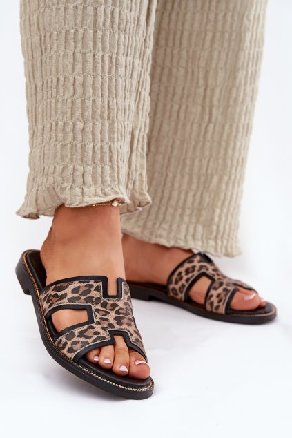 Kožené ploché papuče s panteřím vzorem zazoo 40383 čierne / 40383 BF.CZAR+LAMP BEŻ (Veľkosť 36)