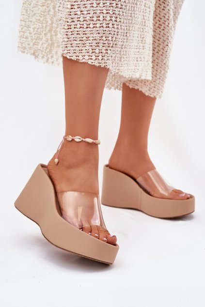 Béžové dámske sandále na platforme s priehľadným pásikom, syntetický materiál, kód produktu 78-158 BEIGE