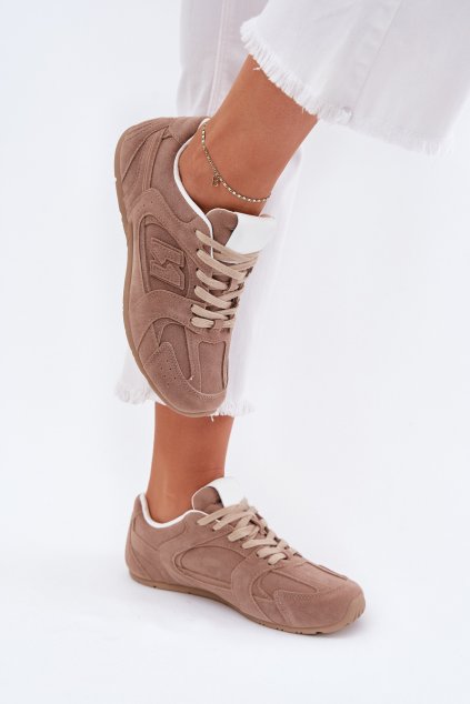 Dámske khaki športové tenisky z eko semišu na rovnej podrážke, kód produktu 897-4E KHAKI