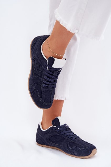 Dámske tmavomodré športové tenisky z eko semišu, kód produktu 897-4D NAVY