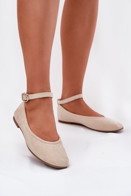 Béžové dámske baleríny z eko semišu s prackou a odnímateľným pásikom, kód produktu 9988-80 BEIGE