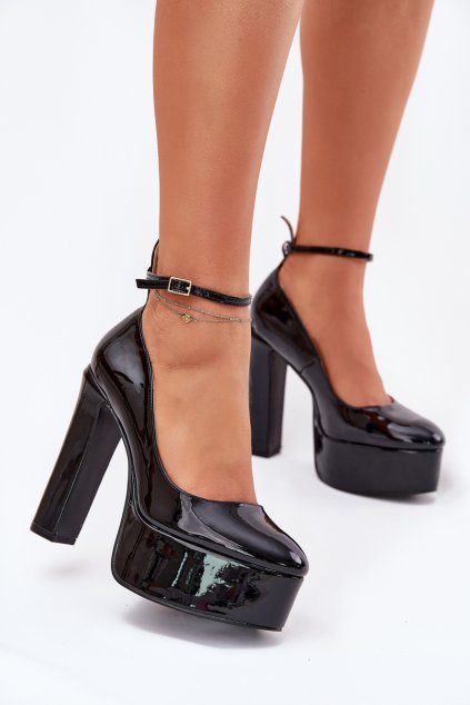 Lakované lodičky na vysokom podpätku a platforme čierne nianka / C-240 BLACK (Veľkosť 38)