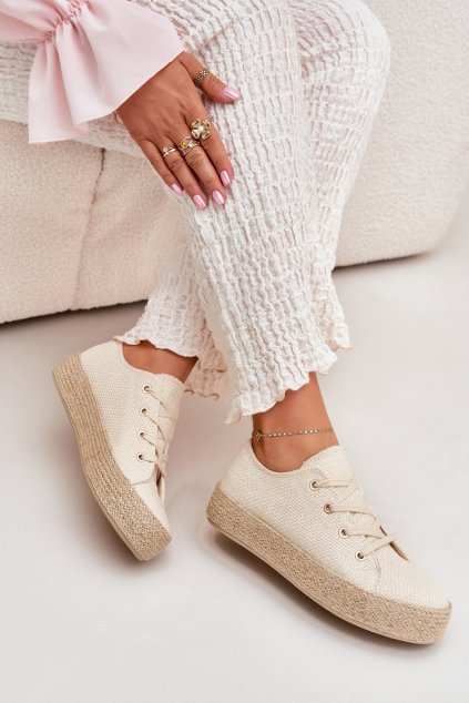 Béžové dámske tenisky na platforme s úpletom, textil, kód produktu C-668 BEIGE