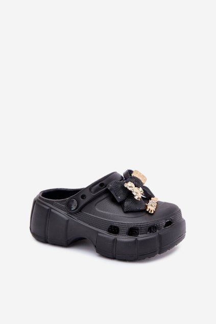 Detské Sandále Dievčenské Penové s mašľou a dekoracemi čierne selvana / M571A/B BLACK (Veľkosť 24/25)