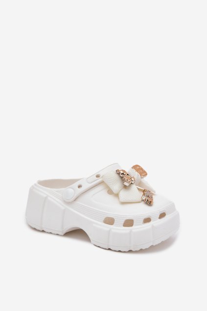 Detské Dievčenské papuče z peny s mašľou a ozdobami biele selvana / M571A/B WHITE (Veľkosť 24/25)