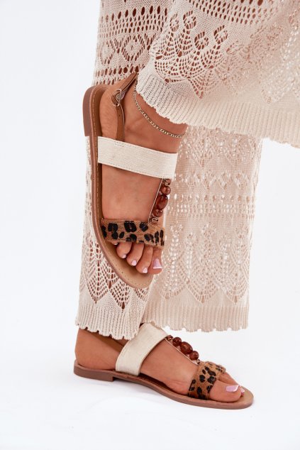 Ploché Dámské Sandály S Korálky Leopardí Hnědé Virona (Veľkosť 36)