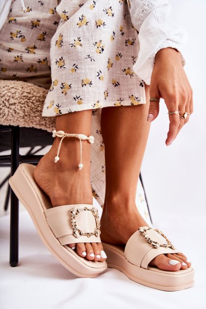 Dámske módní kožené papuče béžové adaline / MY 33193 BEIGE (Veľkosť 38)