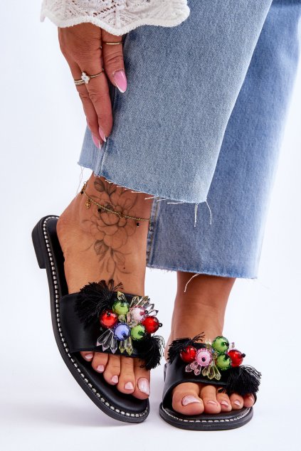 Papuče s ozdobnými korálky s.barski kv-2775-47 čierne / KV-2775-47 BLACK (Veľkosť 36)