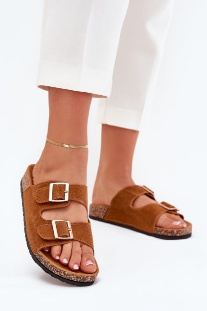 Dámske papuče so zlatými přezkami a prošíváním camel lunera / 7902 CAMEL (Veľkosť 36)