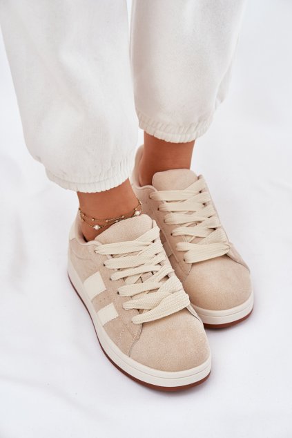 Béžové dámske tenisky z eko semišu, šnúrovanie, kód produktu 25SP26-8232 BEIGE