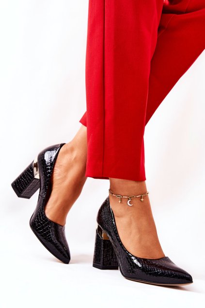 Kožené lodičky lewski hadí 3117 čierne / 3117 BLK WĄŻ/LAKIER (Veľkosť 34)