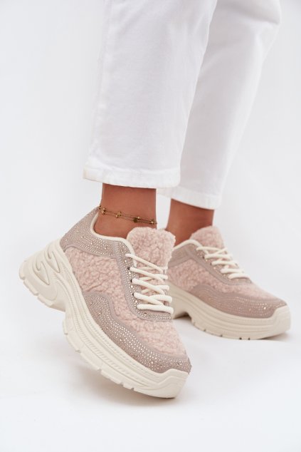 Dámské Tenisky S Krystaly A Beránkem Světle Béžové Zarika (Veľkosť 36)