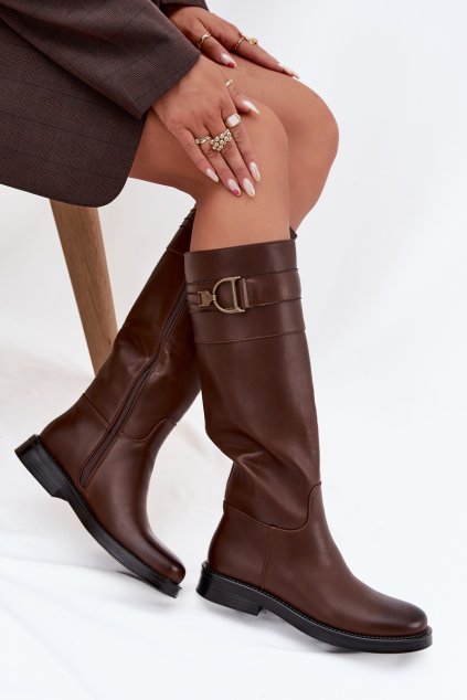 Dámské kozačky na ploché podrážce s ozdobným detailem hnědé Arvessa (Veľkosť 36)