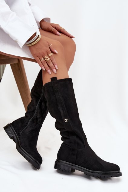 Dámské kozačky s teplou podšívkou na rovné podrážce ekologický semiš černé Delyssa (Veľkosť 36)