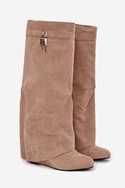 Dámské kozačky na platformě s páskem a stříbrným detailem béžové Korivelle (Veľkosť 37)