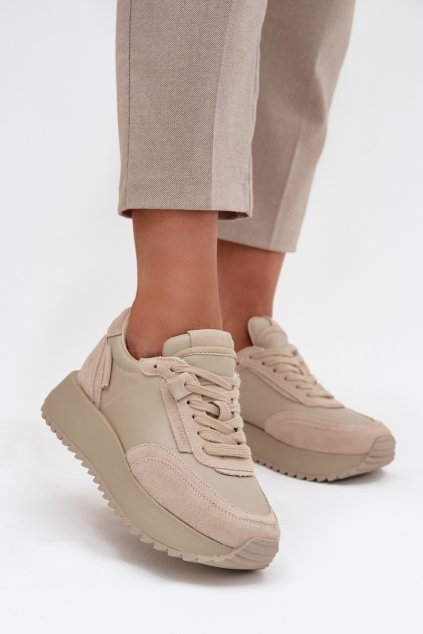 Kožené Dámske tenisky na platforme artiker 55c0021 béžove / 55C0021 BEŻOWY (Veľkosť 36)