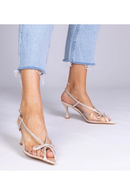 Béžové priehľadné sandále na podpätku s kryštálmi Kloksi 2787CW Béžové 38 - GM (Veľkosť 40)